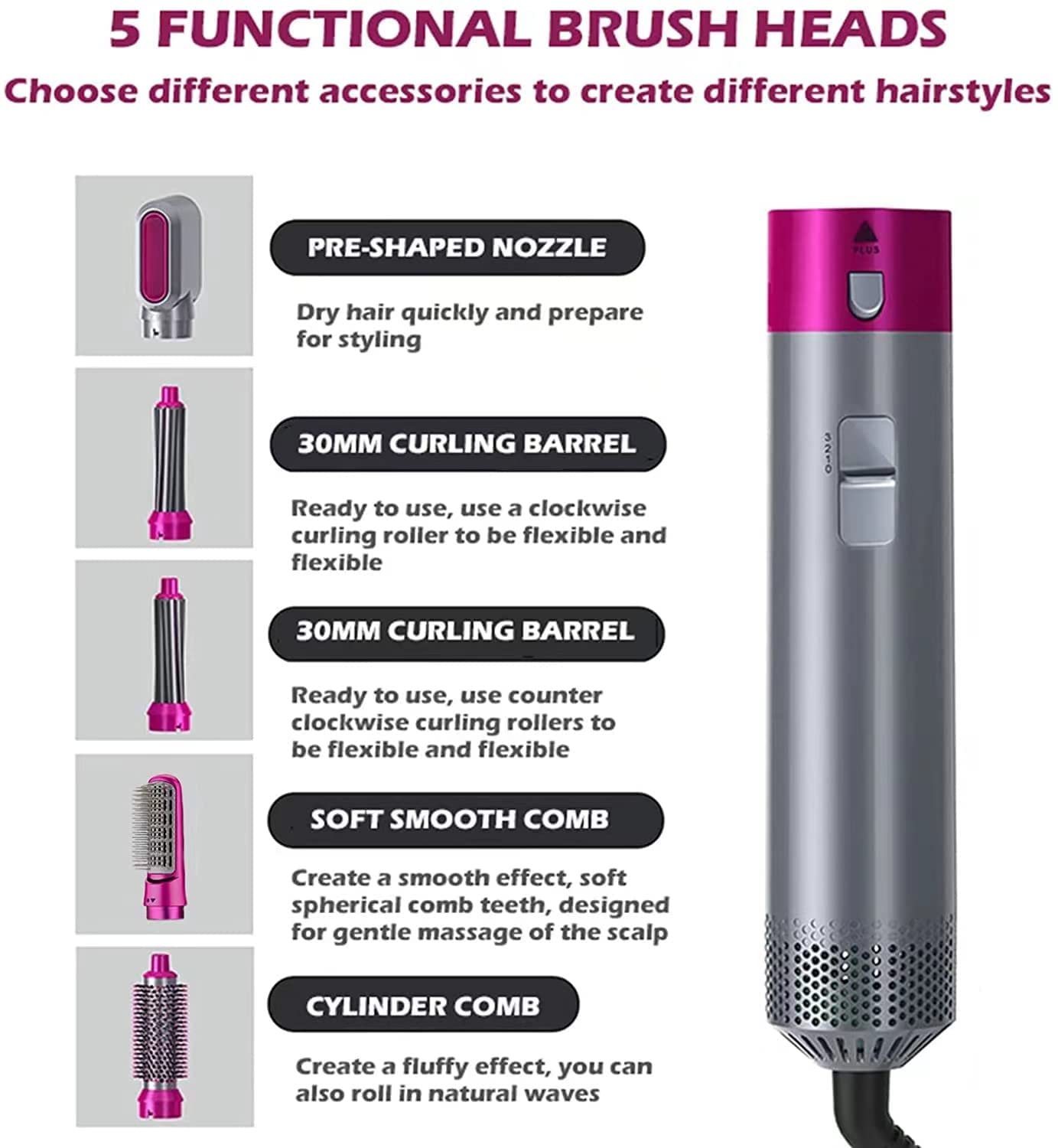 5 in 1 Multifunctional styling tool, The Detachable  Automatic Suction Hair Curler, 5 in 1 Multi-Head Hot Air Comb. 