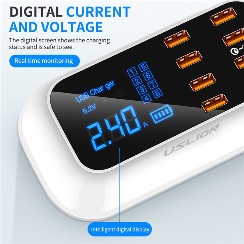 USLION 8 Port USB Charger HUB Quick Charge 3.0 LED Display Multi USB Charging Station Mobile Phone Desktop Wall Home EU Plug. 
