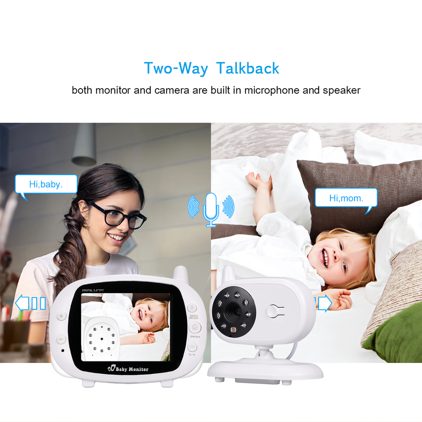 Wireless Audio Baby Monitor Digital Video Baby Monitor 3.5-Inch Color TFT with 5 Lullabies Infrared Night Vision Two-way Talk Back Temperature Detection. 
