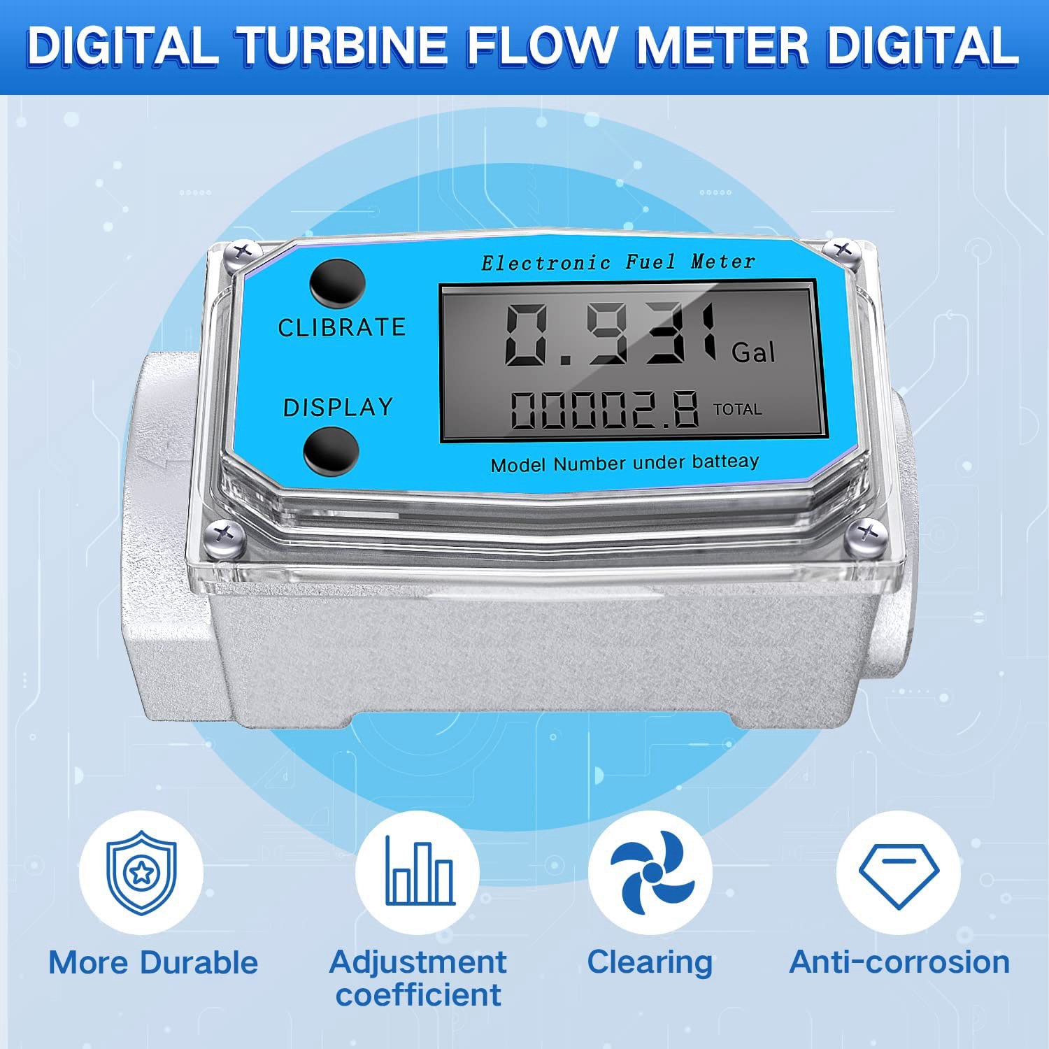 Digital Tuine Water Flow Meter Digital LCD Display Flow Meter with NPT Counter and FNPT Thread Gas Oil Fuel Flowmeter (1 Inch). 