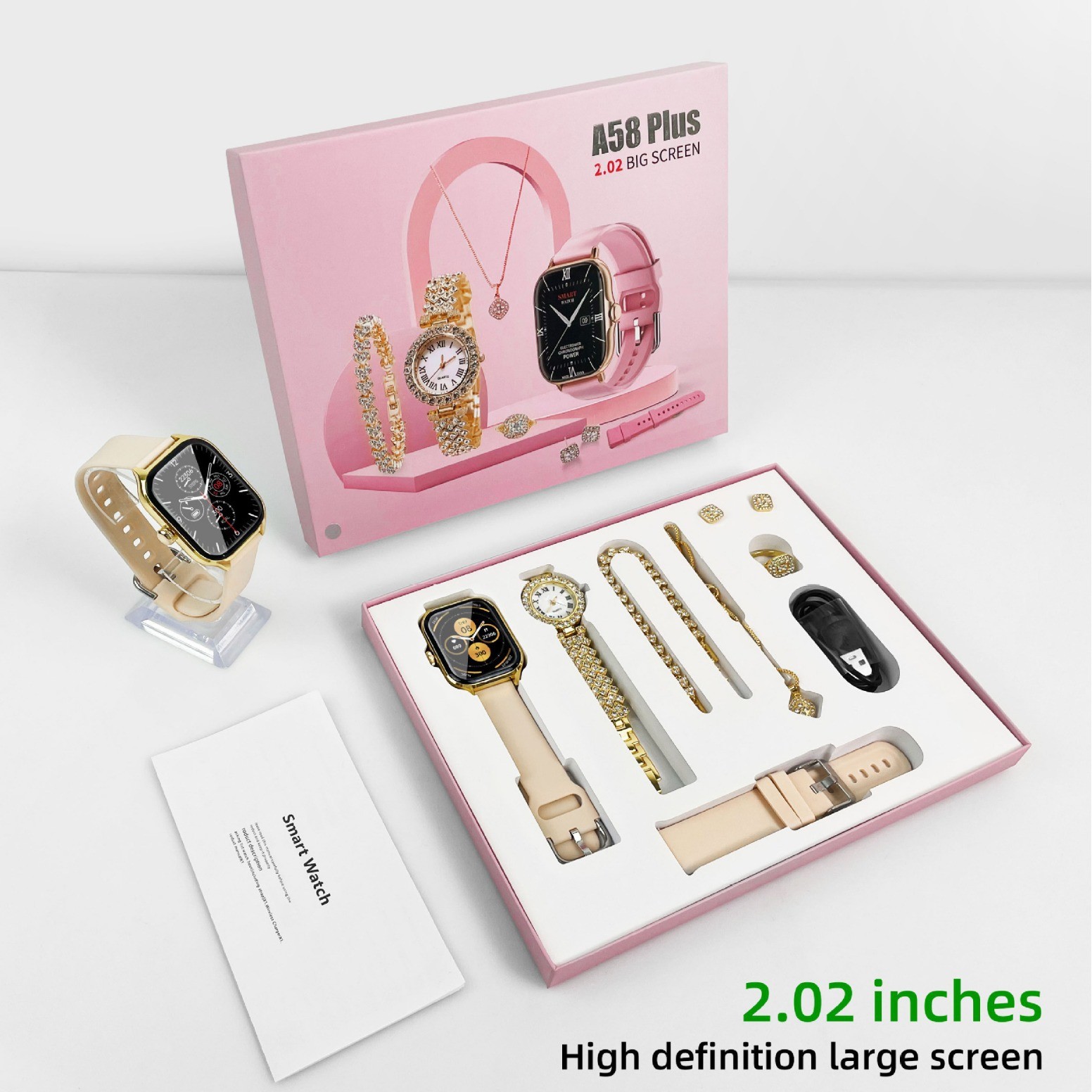 A58 Plus Smart Watch with Jewelry Set for Women 2.02 inch Big Screen Calling Smartwatch 8 in 1 Set