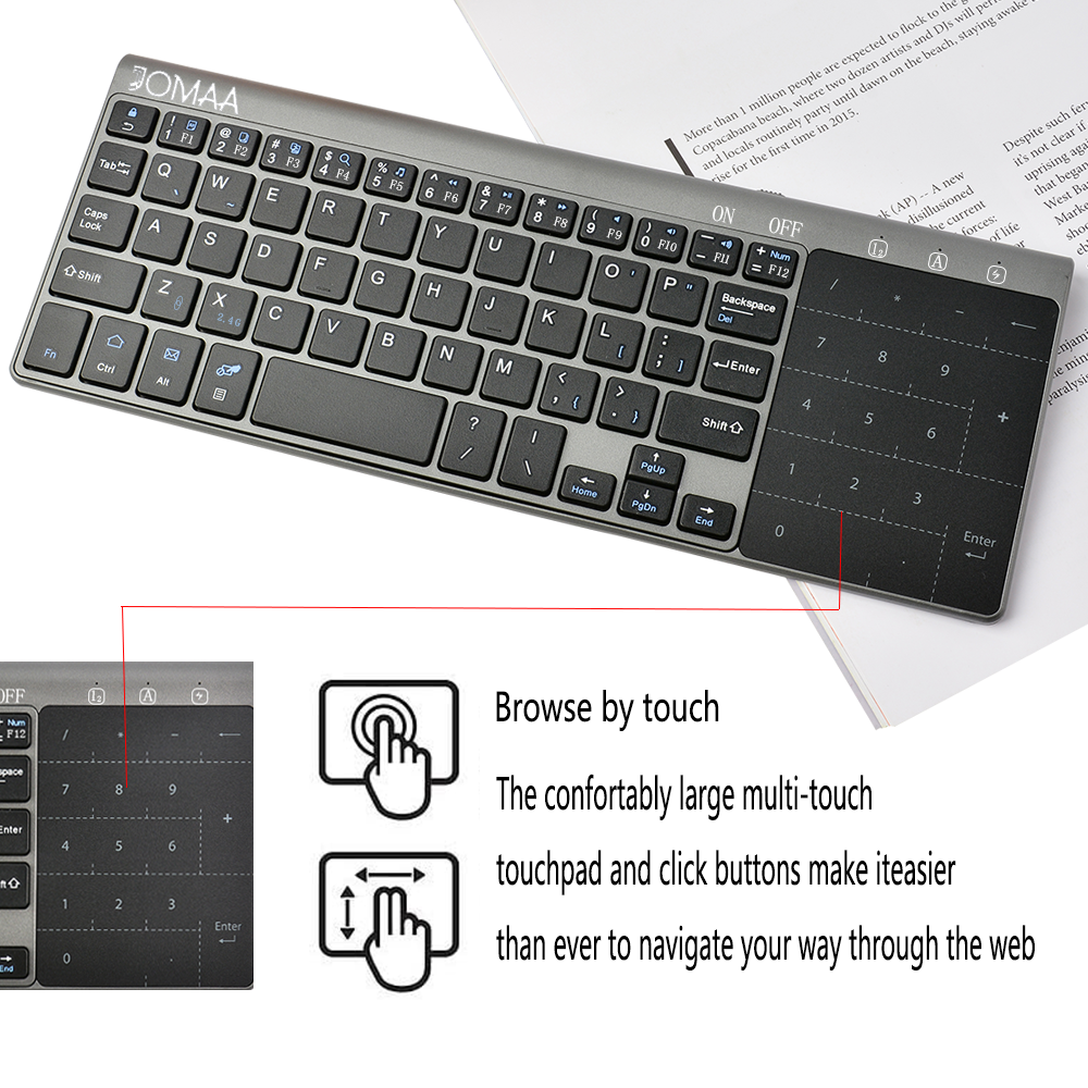 JOMAA 2.4G+Bluetooth Keyboard with Touchpad Mouse Numberic Pad Wireless Keypoard for iPad Tablet Smart TV Computer. 