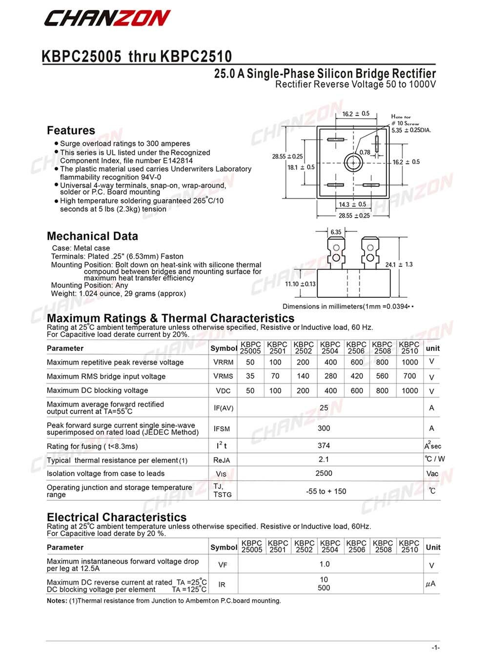 2 Pcs KBPC2504 Bridge Rectifier Diode 25A 400V KBPC 2504 Single Phase Full Wave 25 Amp 400 Volt Electronic Silicon. 