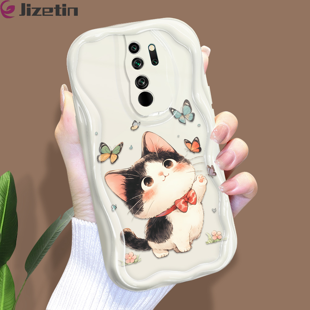 Jizetin for Redmi Note 8 Pro Back Cover Kitten Playing Butterfly Cream Wavy Edge Soft Silicone Phone Case