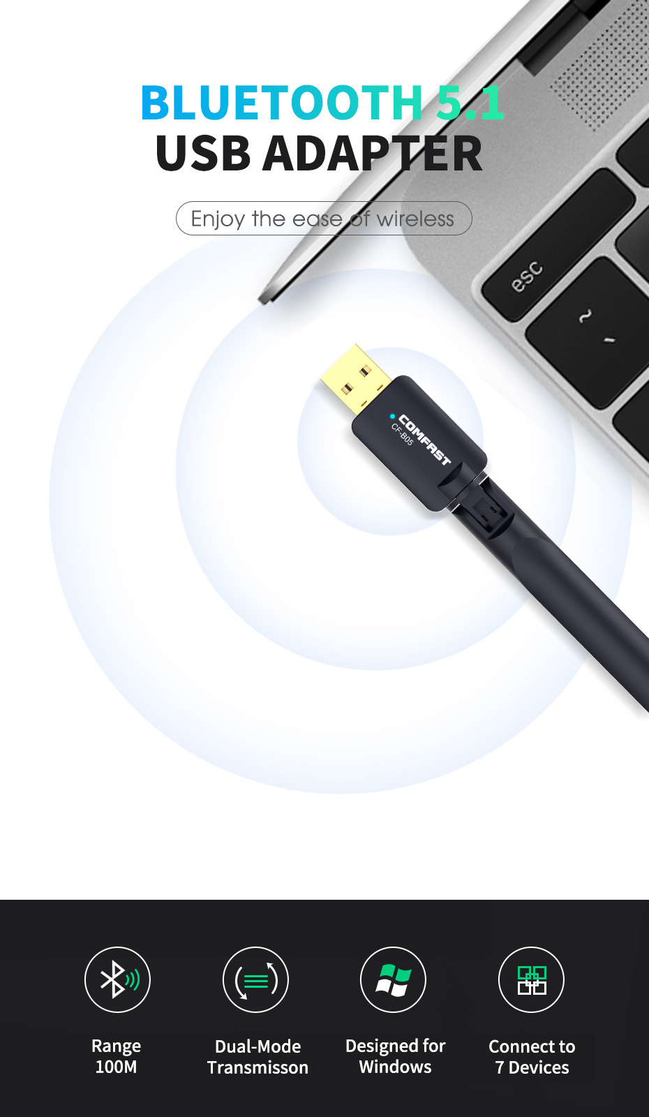 Comfast 100M Long Range USB Bluetooth 5.1 Adapter High Gain for PC Desktop Laptop Bluetooth Dongle Wireless Receiver Transfer. 