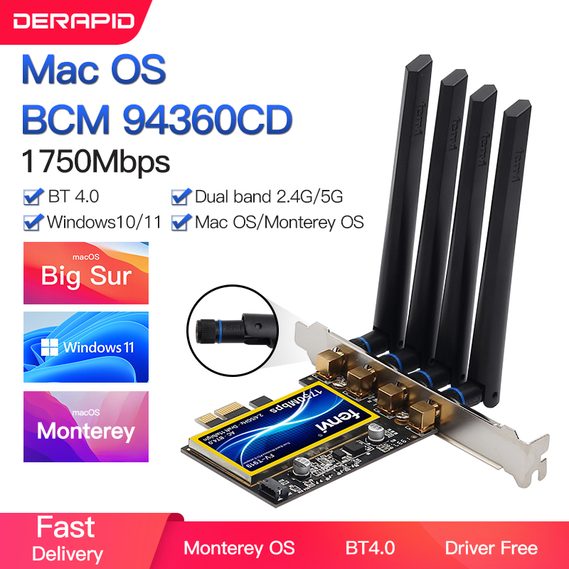 1750Mbps Fenvi T919 PCIe WiFi Card Adapter BCM94360 For MacOS Hackintosh Bluetooth 4.0 802.11ac 2.4G/5GHz Dual Band Desktop PC