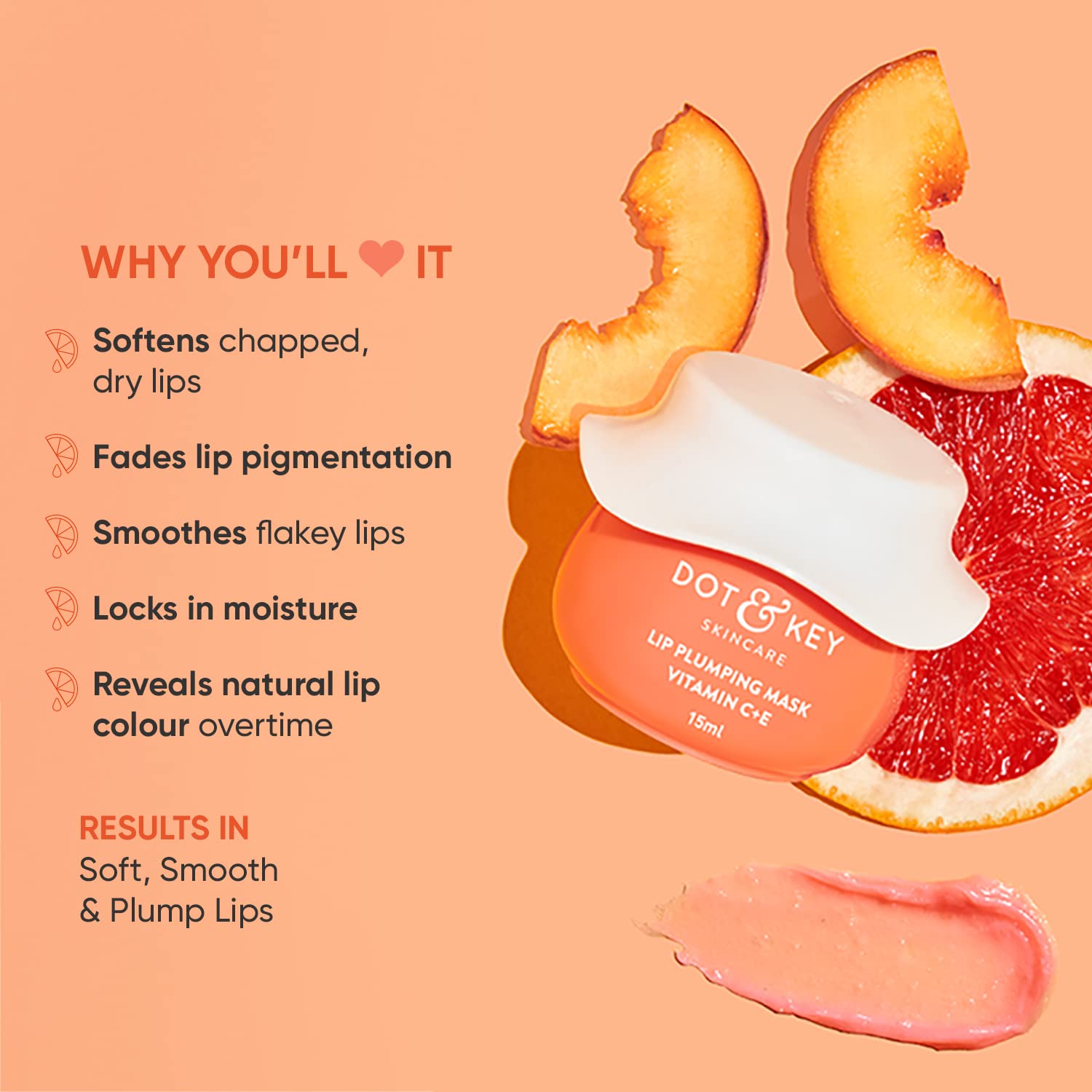 Dot & Key Lip Plumping Mask With Vitamin C + E 15ML For Naturally Glowing Lips, Fades Lip Pigmentation, Smoothes Flaky & Dry Lips, Lip Mask For Soft, Smooth & Plump Lips (Blood Orange & Nectarine). 