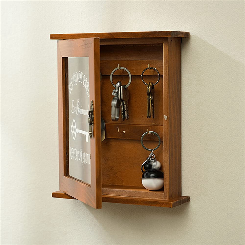 Wooden Key Box, Retro, Wall, Key Cabinet with Magnetic Door, Solid Wood Storage with 6 Hooks Easy Install Easy to Use -B. 