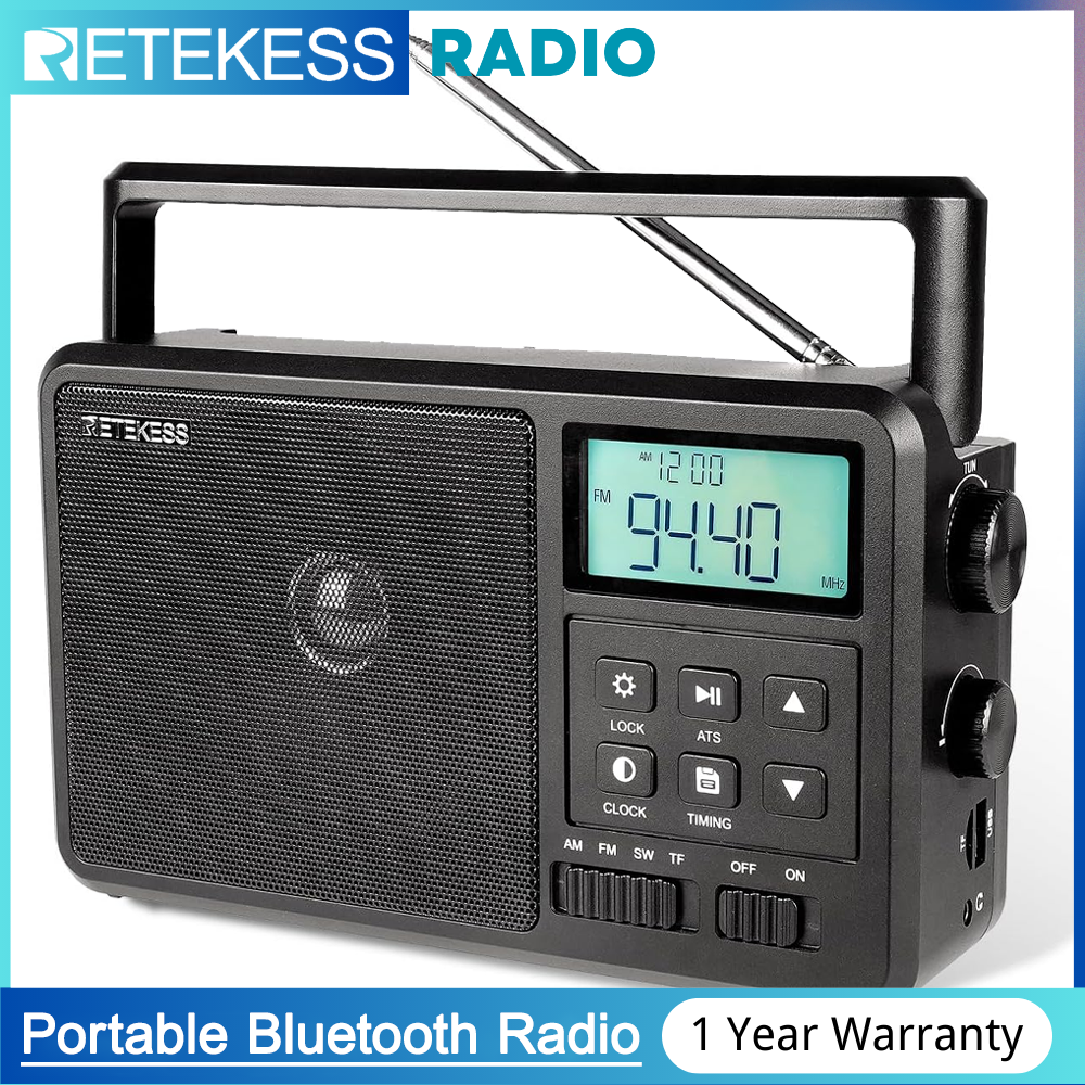 RETEKESS TR638 Portable Bluetooth Radio, AM FM Shortwave Radio with Backlight LCD Display, Large Knob Digital Radio for Home Elders Support External Antenna, TF Card and USB