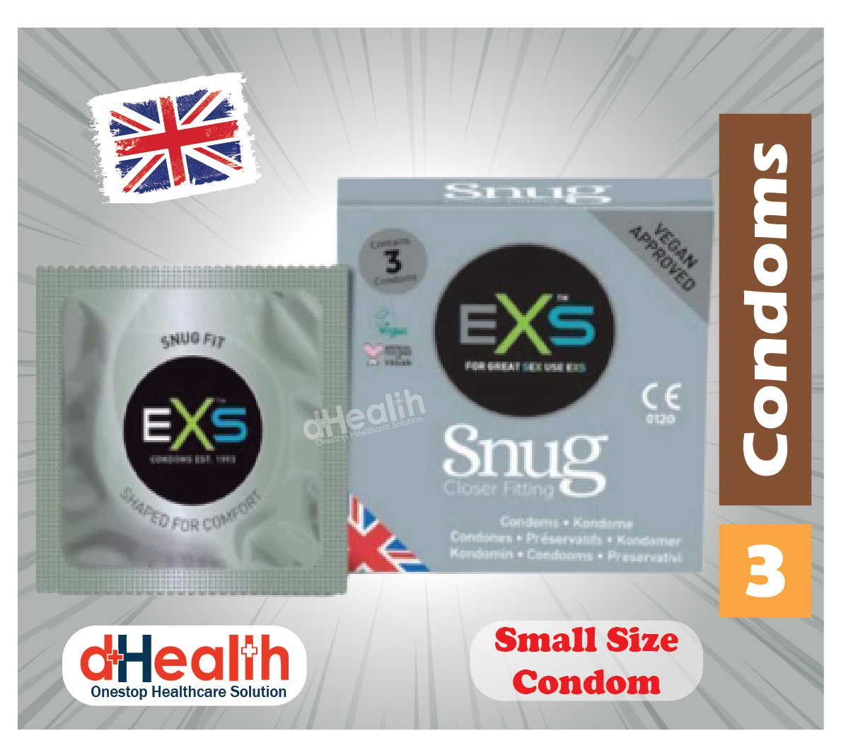 EXS Snug condom, small size condom, fit condom, closer fitting condom, tight fit  condom, Single pack (3x1=3pcs). 