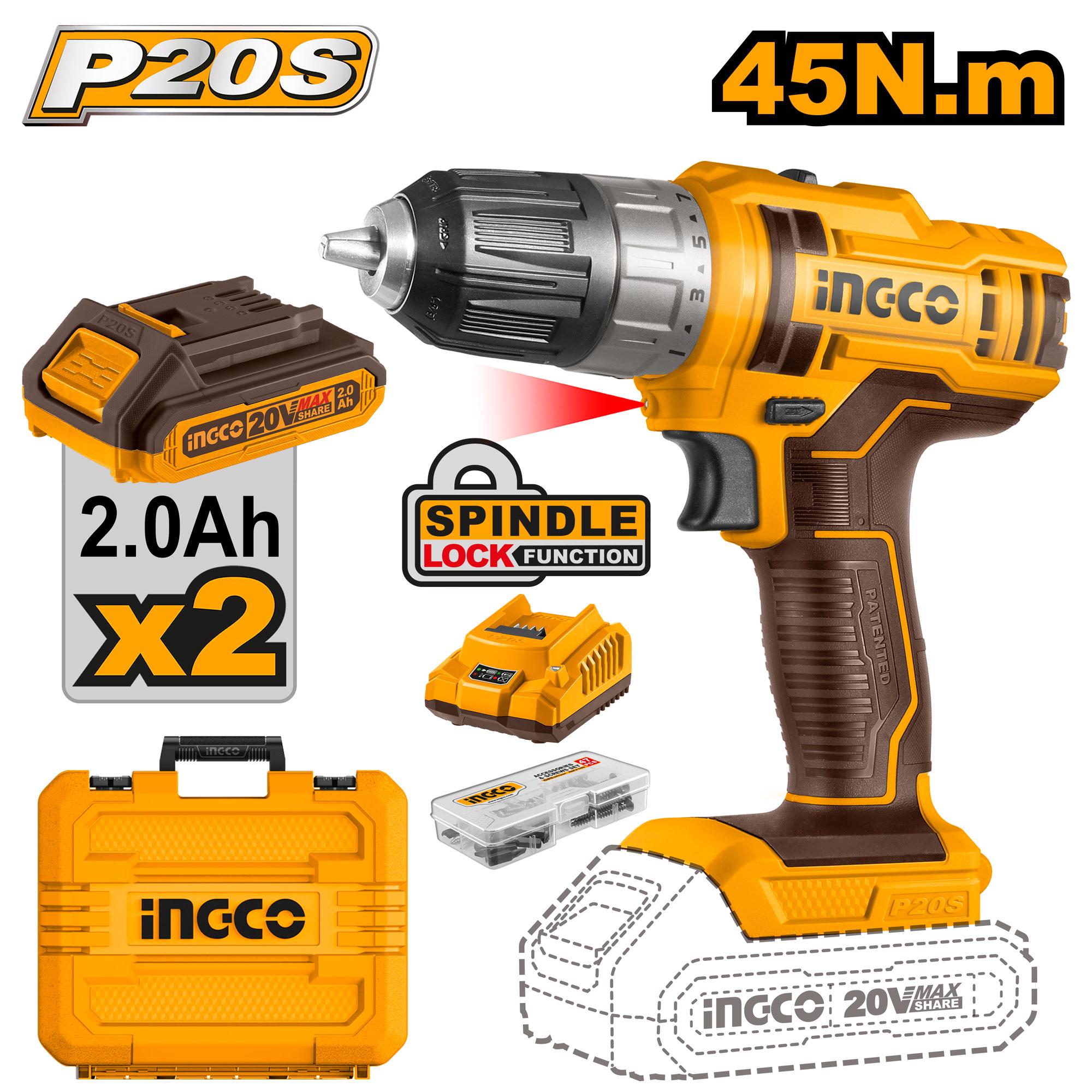 INGCO Cordless Drill Machine 20V Battery | Charger Drill Machine 20 Volts 2.0Ah Battery And 47pis Accessories Included ( Bit & Screw ). 