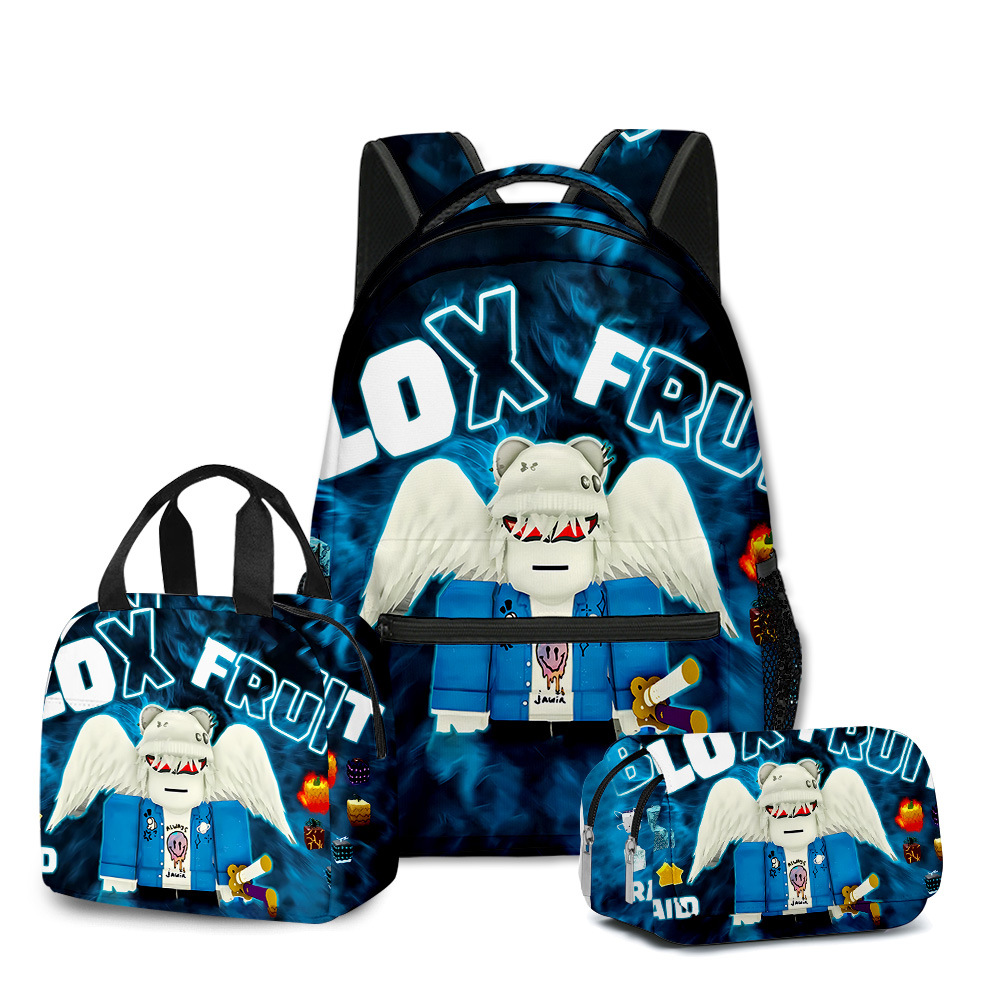 3D new ROBLOX game blox fruits schoolbag backpack for primary and secondary school students lunch bag pencil case three-piece set. 