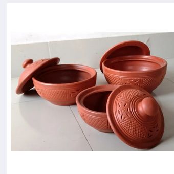 clay items. pottery items. 3 Pieces Clay Curry Bowl Set. Clay Round Curry Bowl Set. Matir Handcrafted Clay Earthen Curry Bowl. Matir Round Curry Bowl Set.