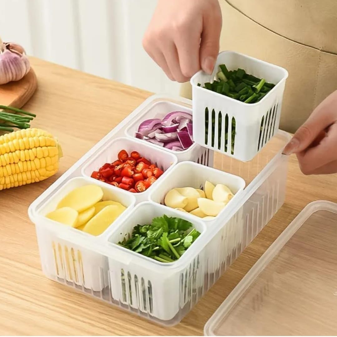 Fridge Storage Box, 6 Grid Refrigerator Storage Containers, Kitchen Storage Set, Vegetable Storage, Draining Crisper Food Box