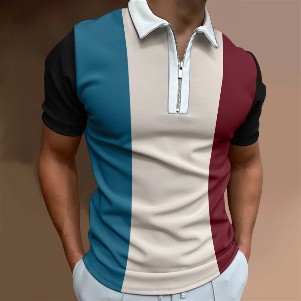 Men's Solid Color Striped Polo Shirt Short Sleeve Golf Turn-down Collar Zipper Polo Shirt for Men Casual Streetwear Summer Tops. 