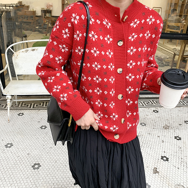 Korean Style Autumn and Winter New Small Floral Contrast Color Knitted Cardigan Outerwear Loose and Lazy Style All-Matching Graceful Sweater Coat. 