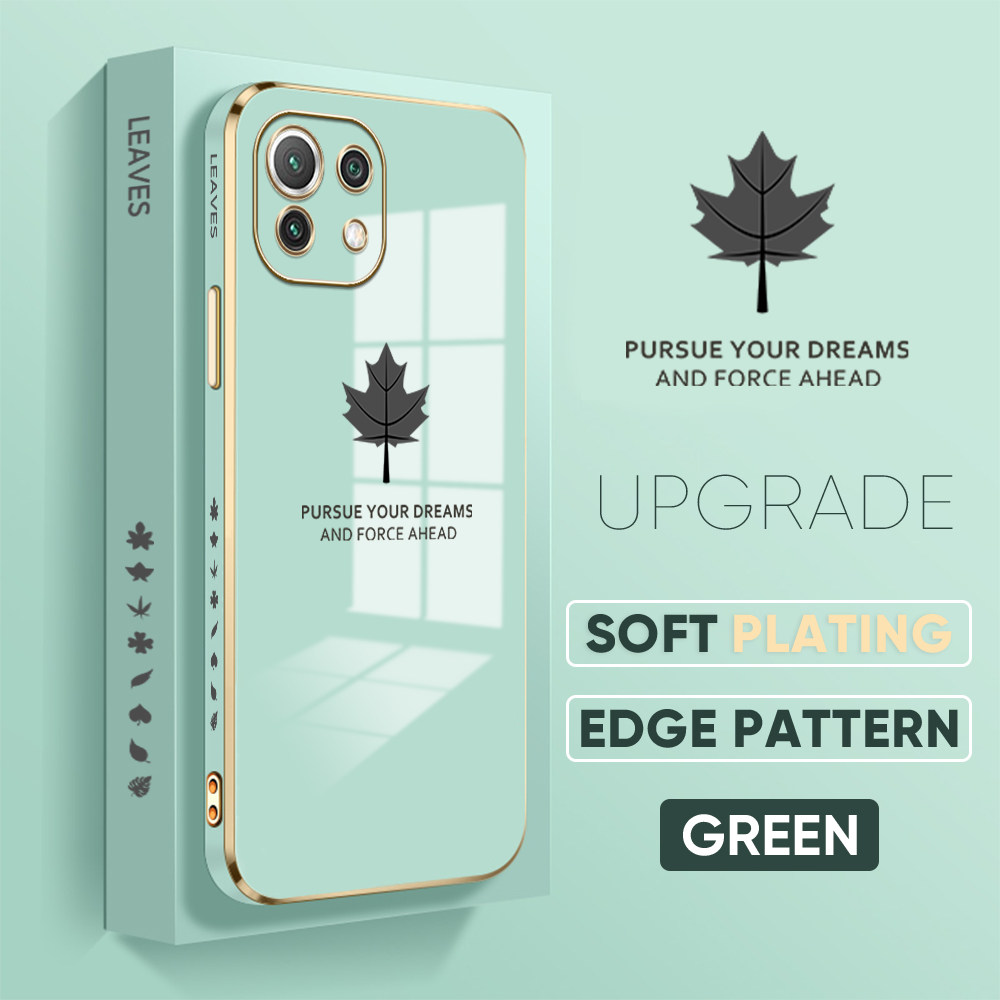 Jizetin (Free Lanyard) for Xiaomi 11 Lite 5G Luxury 6D Plating Soft Casing Silicone Square Frame Phone Case Shiny Bling Back Cover Maple leaf New design Side Drawing Case