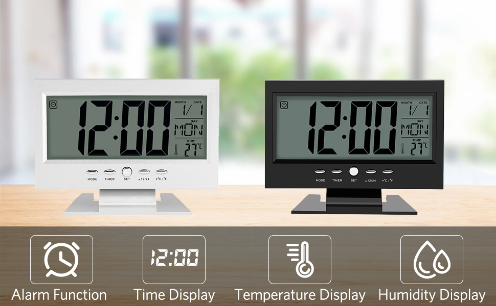 Voice Control Back-Light LCD Table Clock with Alarm. 