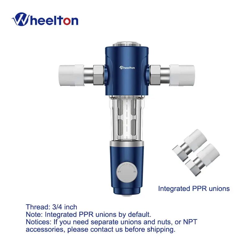 WHEELTON Auto-Rotated Flush Pre-Filter Backwash Spin Down Sediment Double-sided Scraper Whole House Filter System 1/2 3/4 1“. 