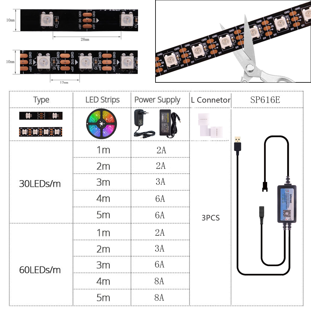 WS2812B LED Strip DIY Ambient PC Dream Screen WS2812 Light USB Computer Monitor Backlight SP616E Bluetooth Music Controller Set. 