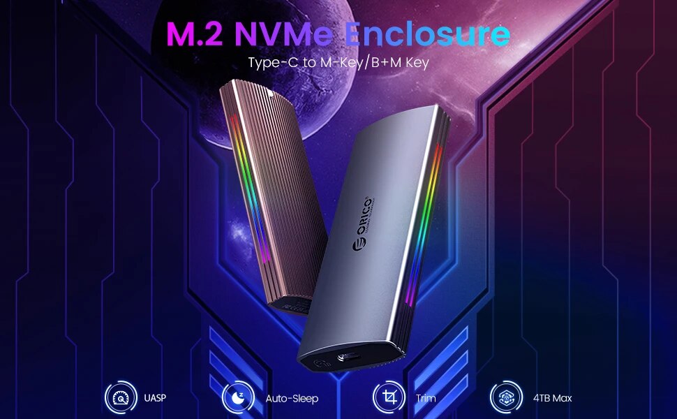 ORICO RGB 10Gbps M2 NVMe SSD Enclosure Aluminum USB3.1 Gen2 Case for M Key M&B Key Solid State Drive for Gamer Video Editing. 