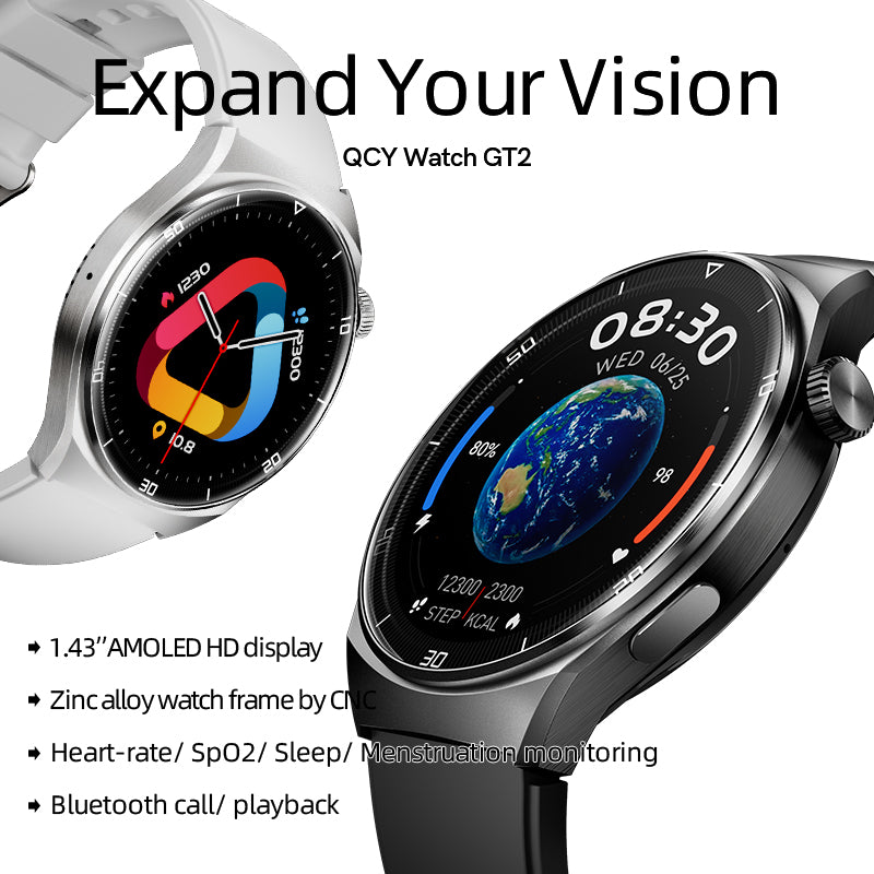 QCY GT2 Smart Watch 1.43inch AMOLED Display Zinc Alloy Watch Frame Bluetooth Calling Playback 24 Hours Rate & Sleep Monitor100+ Sports Modes Smartwatch for Men and Women. 