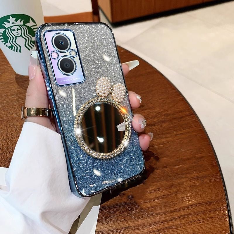 For OPPO F21 Pro 5G / F21 Pro 4G Back Cover with Bow Makeup Mirror Luxury Shiny Gradient Plating Glitter Girls Slim Phone Case Clear Soft Silicone Protective Cases Pouch