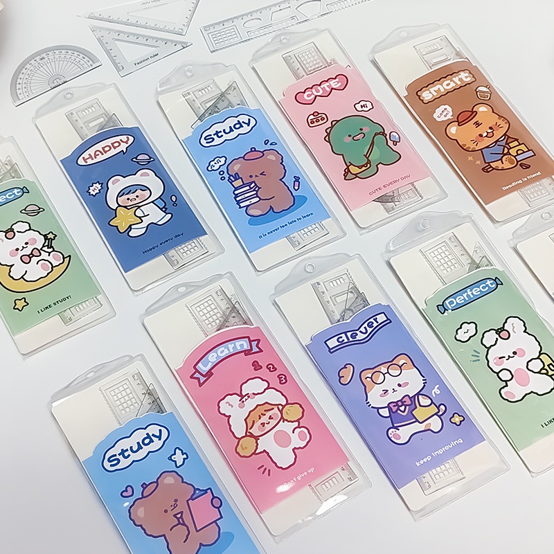 4 Pcs Simple Cartoon Transparent Ruler Set Student Portable Drawing Measuring Rulers