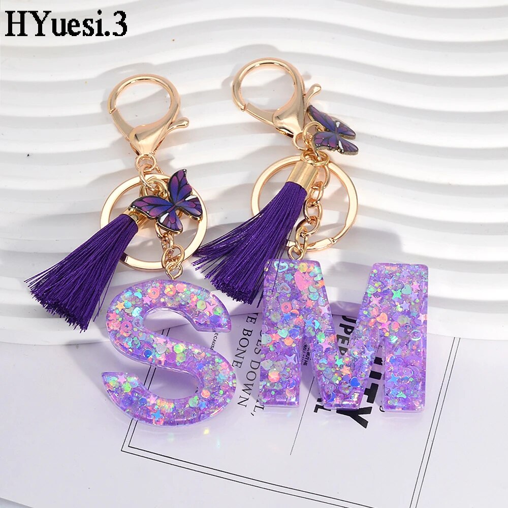 Glitter 26 Initials Name Keychain Purple Color Sequin Filled Letter Key Ring With Tassel Butterfly For Women Backpack Bag Decor. 