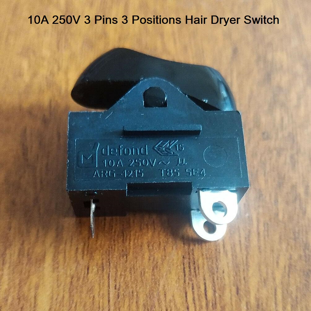 DEFO-ND ARG-1215 10A 250V 3 Pins 3 Positions Ha-ir Dry-er Switches Slow High Speed Switches 3 Position 3 Pin. 