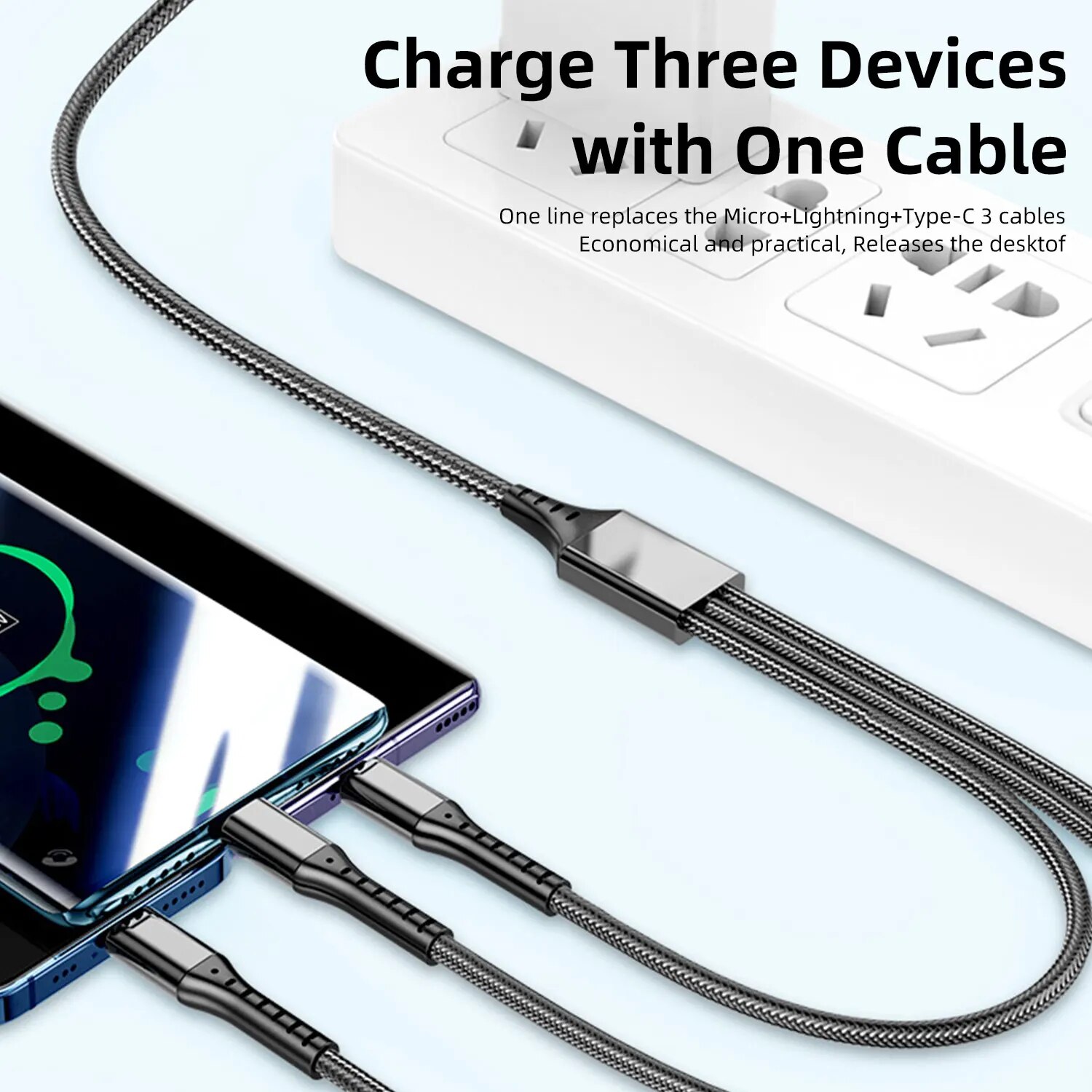Type C Data transmission 5A 3 in 1 USB Charging Cable Fast Charge Micro for iPhone Huawei Xiaomi Fishing Net Braided Data Cable. 