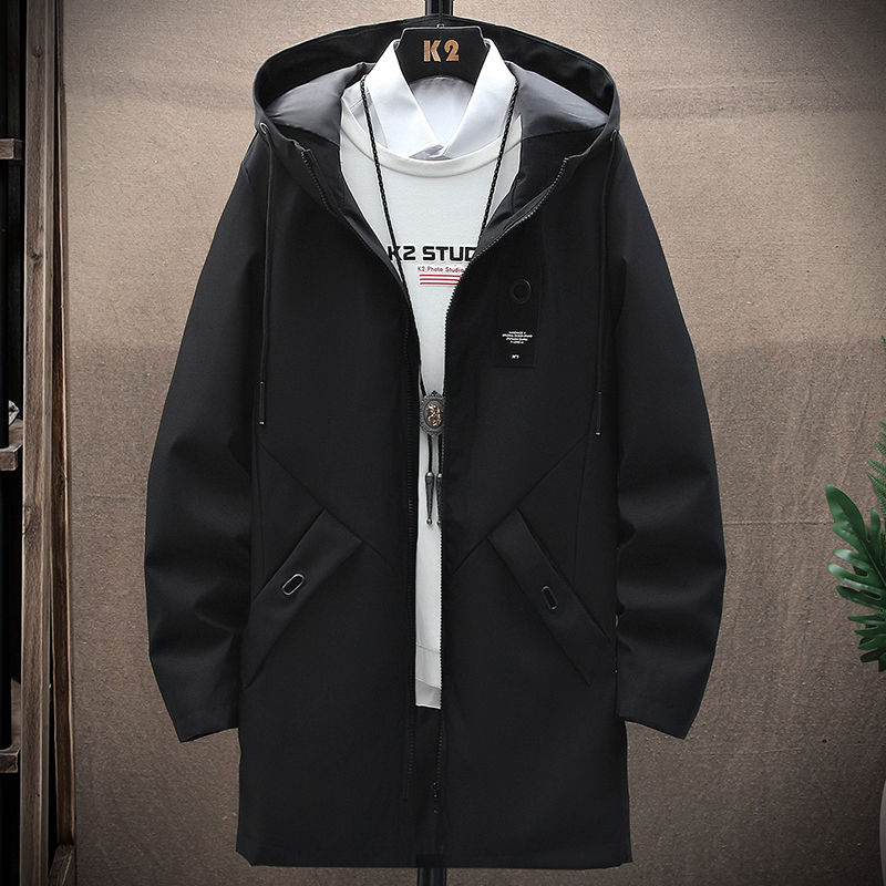 Men's Duster Mid-Length Coat Spring and Autumn Thin Hooded Jacket Trendy All-Match Coat Men's Clothing Handsome Top. 