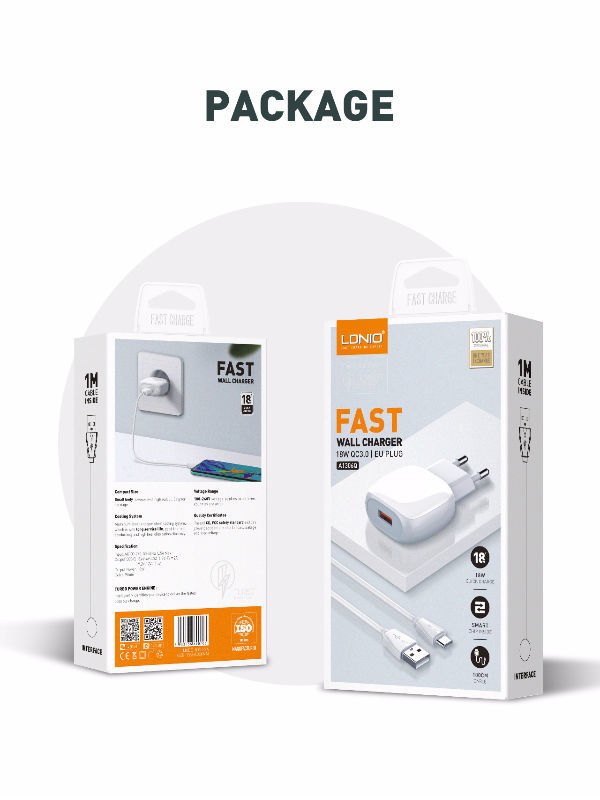 For Samsung Galaxy M01 A01 A7 A7 (2016) J8 J7 J5 7 Prime J5 Prime J7 Pro  LDNIO A1306Q (ORG) QC3.0 EURO Plug 1 USB Port 18W (Max) Fast Charger + Micro USB Data Charging Cable. 