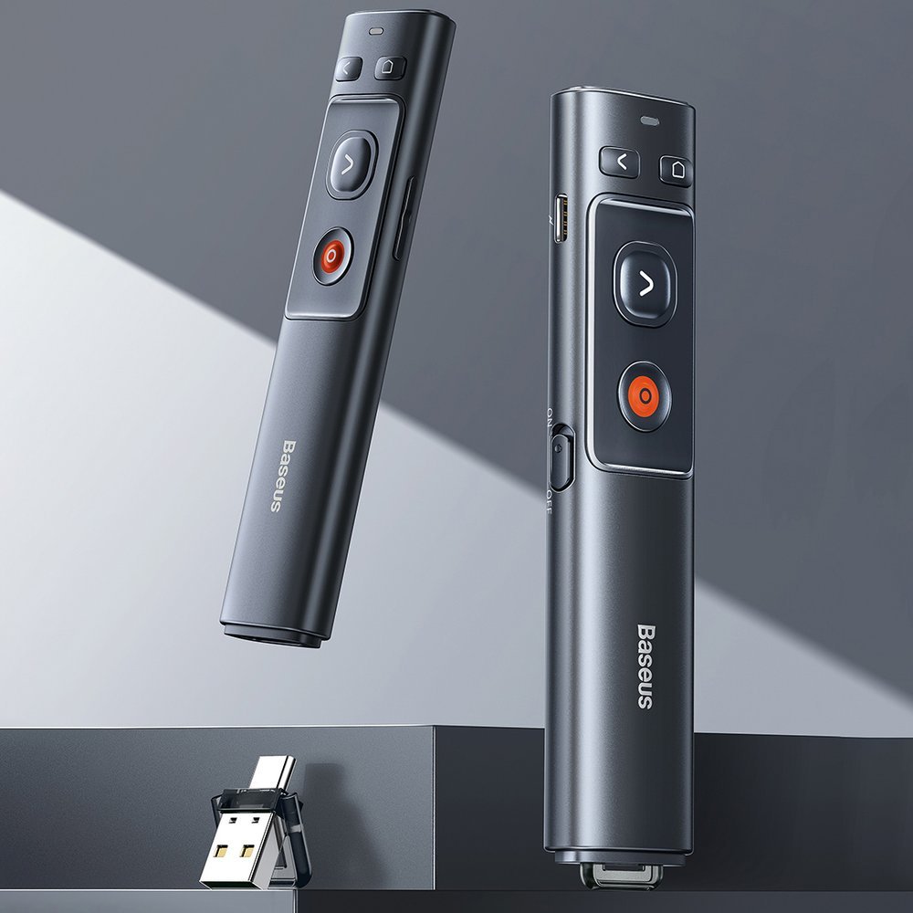 Baseus Orange Dot Wireless Presenter Red Laser Charging Version Gray Model WKCD000013. 