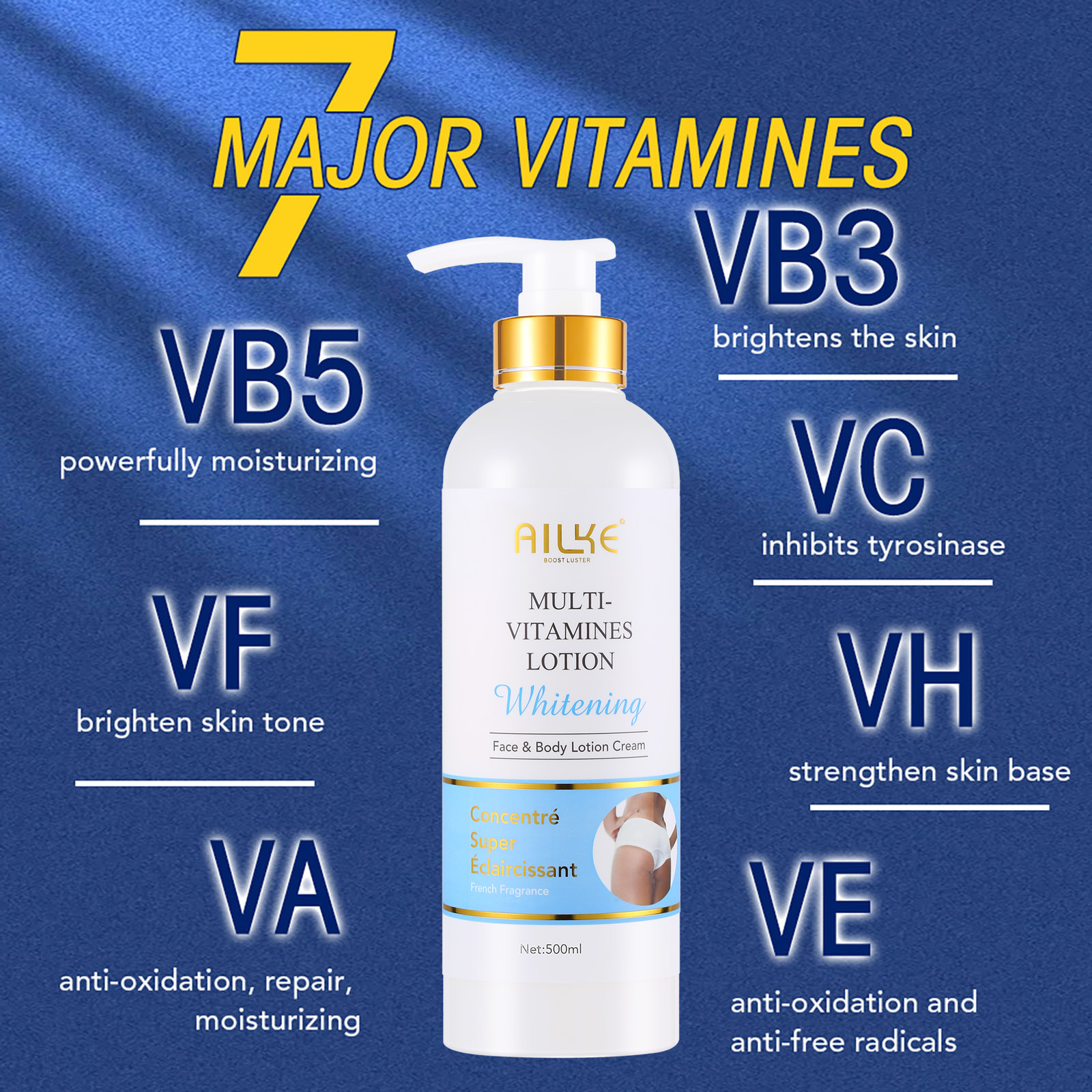 AILKE Multi Vitamin Whitening Body Lotion,With Vitamins A,E,B3,B5, Increase Skin Radiance,Even Skin Tone,Daily Moisturizer Cream. 