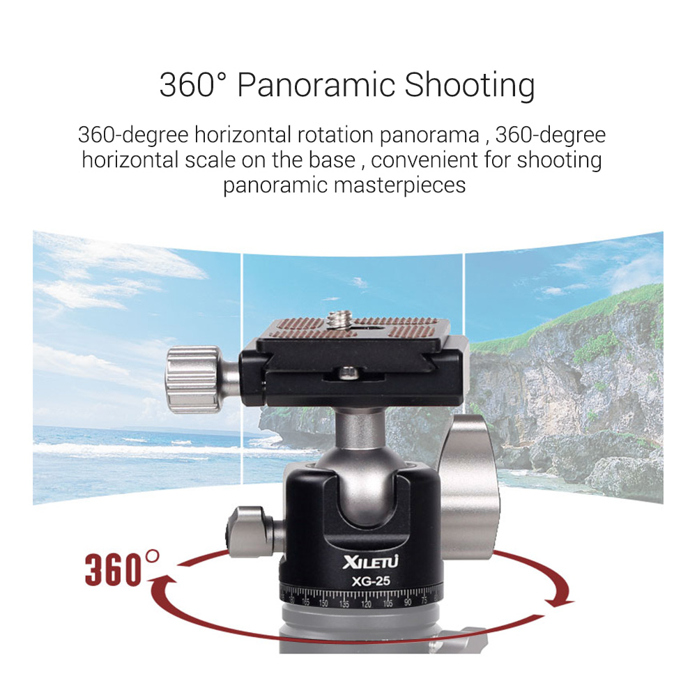 XILETU XG25 Panoramic Tripod Head Adjusting Platform Low Gravity Center Aluminum Alloy Material Max. Load 6kg/13.2lb with QR Plate 1/4 Inch Screw Interface for Cameras Tripods Monopods. 
