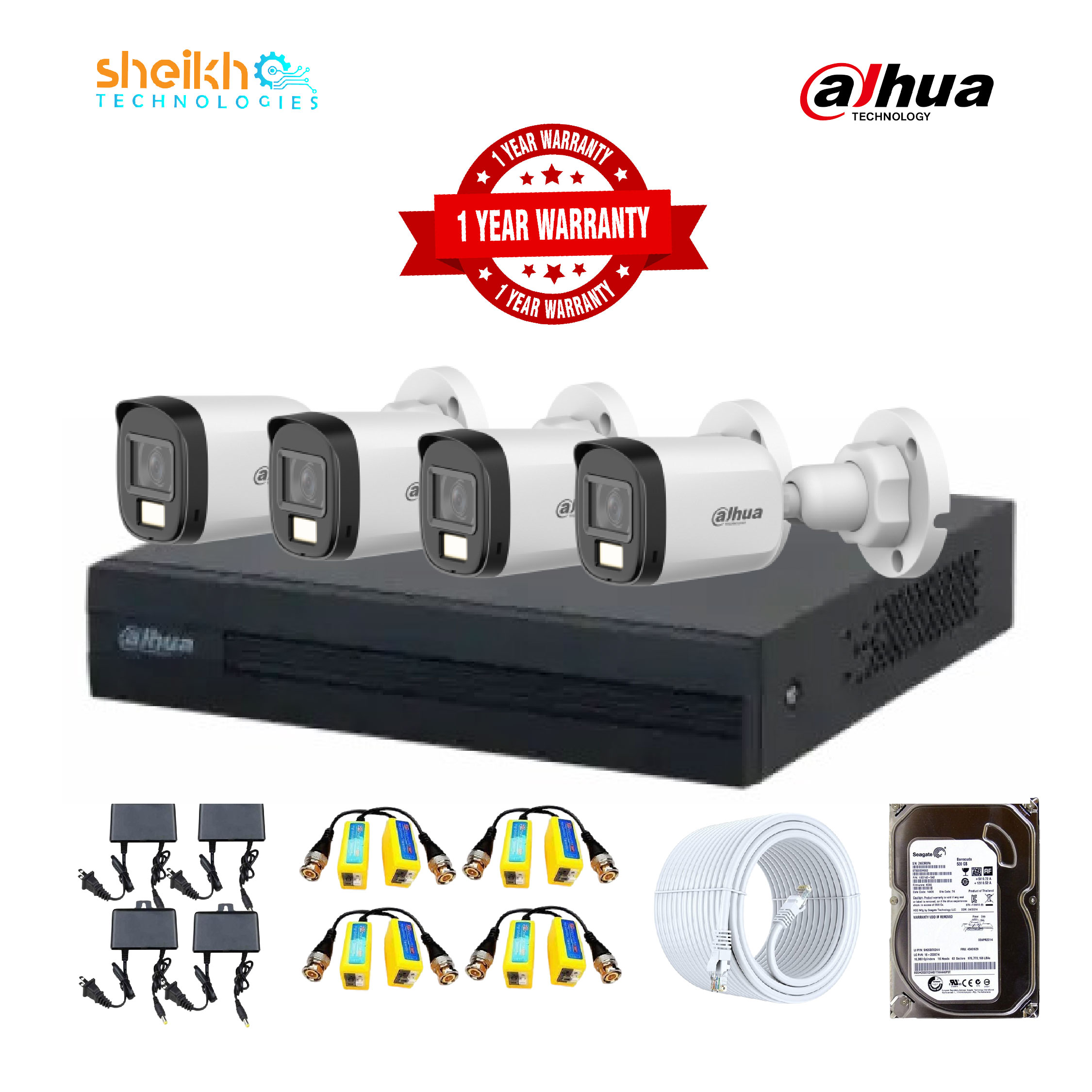 DAHUA HAC-B1A21P-U-IL CCTV Camera Package - 4 Piece Smart Dual Light Camera & 8 Channel XVR With All Accessories