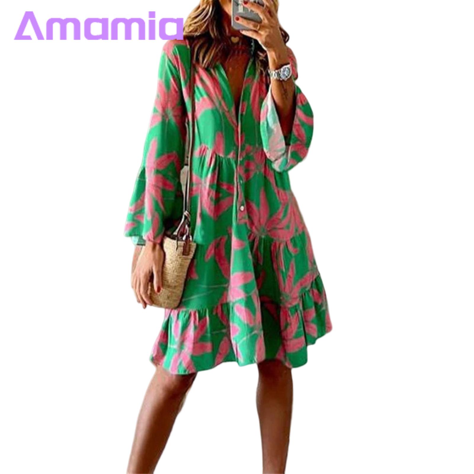 Amamia Women Summer Dress Long Sleeves Loose Hem Lady Midi Dress