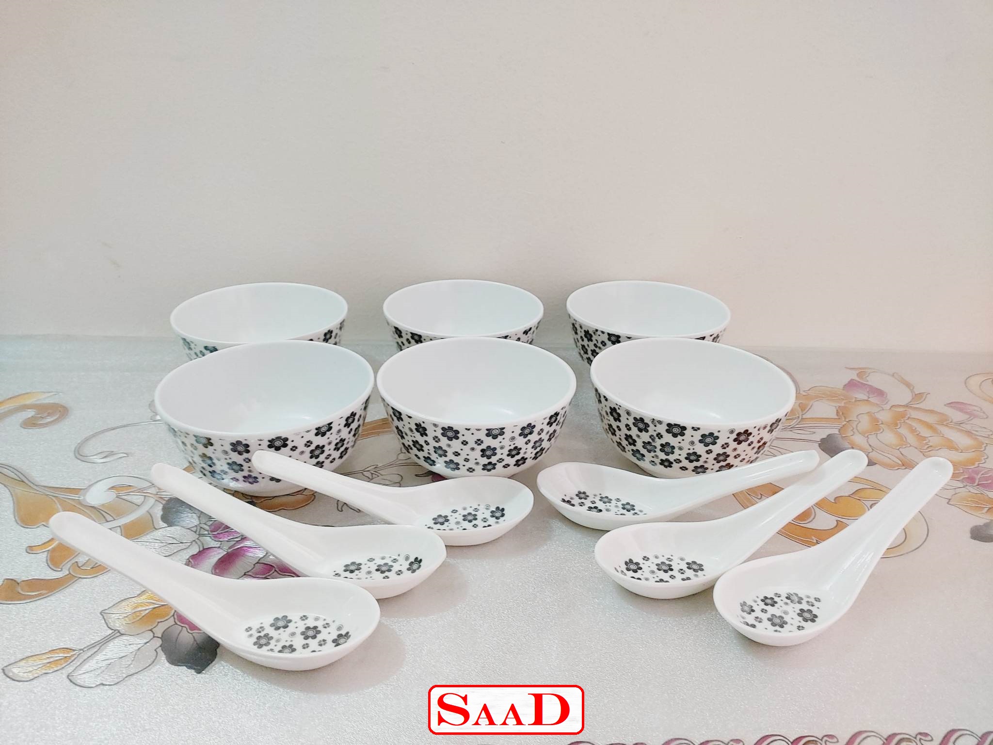 Sada Kalo Melamine Soup Bowl With Spoon 12 Pcs Set (4.5 Inch). Dishwasher Save.Microwave oven save.. 