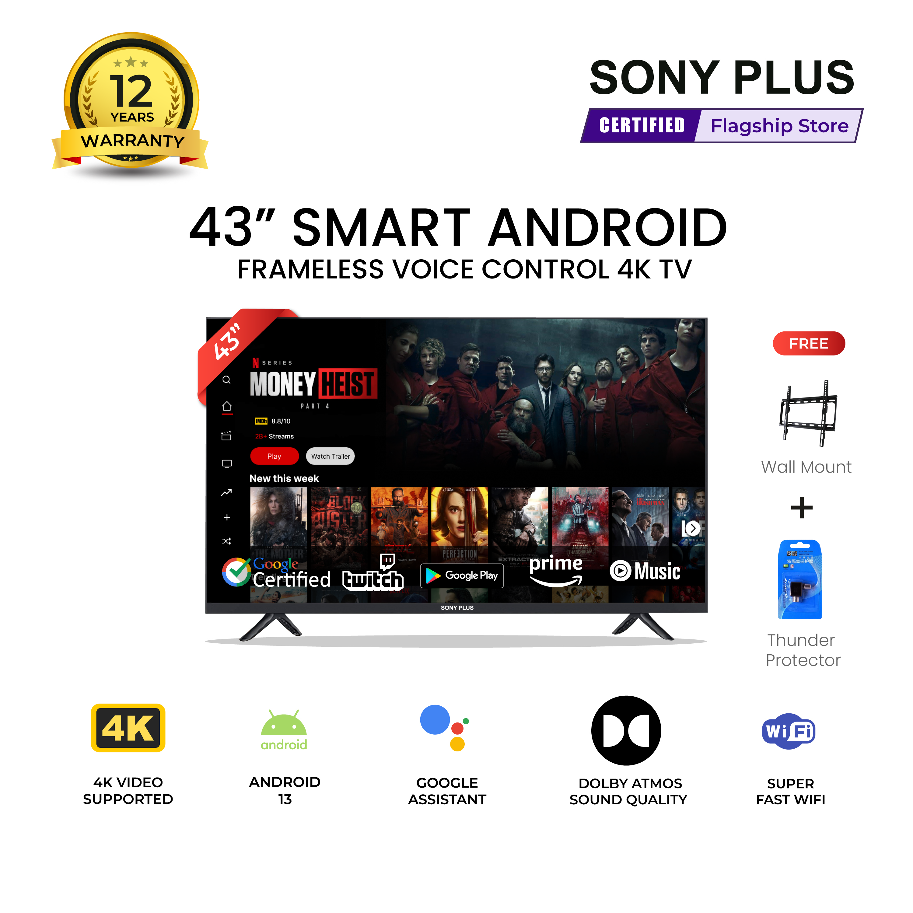 Sony Plus 43 inch Frameless Voice Control Smart LED TV Wi-Fi Full HD 4K Supported Android Television