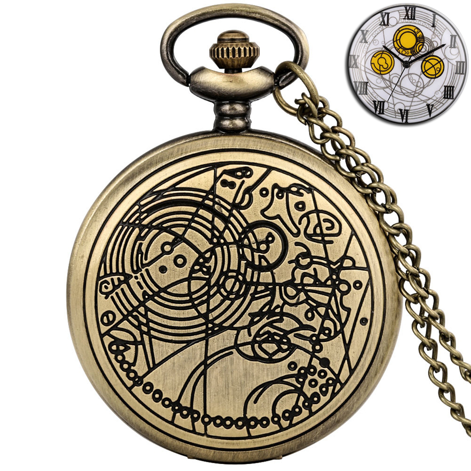 Retro Bronze Time Lord Space Exploration Design Quartz Pocket Watch Men Necklace Popular Movie Hero Cosplay Pendant Watch Chain. 