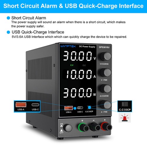 WANPTEK DPS3010U Solid-state Adjustable Regulated DC Power Supply, 30V 10A, Encoder Adjustment, USB Type-C Fast Charge, 4-Digit Display, Low Ripple, Low Noise, Cooling Fan Black - UK Plug. 