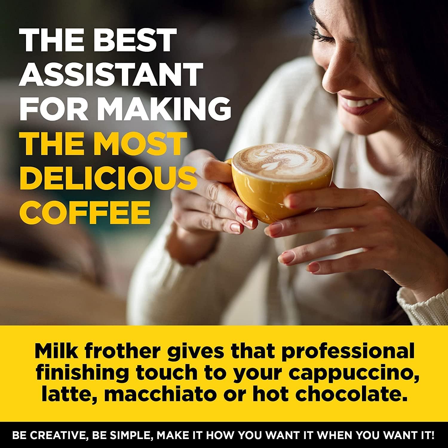 Milk Frother Handheld with Stand, Battery Powered Foam Maker, Whisk Drink Mixer Mini Blender For Coffee, Frappe, Latte, Matcha,  Chocolate (Black). 