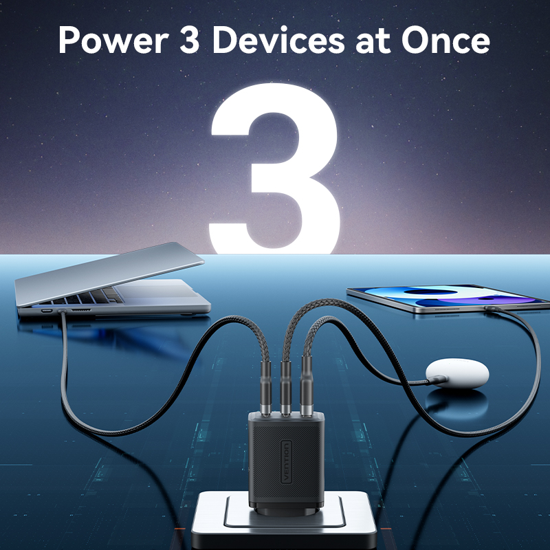 Vention 65W GaN 3 Port USB Type C Fast Charger Quick Charge 4.0 3.0 Type C PD USB Charger for iPhone 15 14 13 Pro Max Samsung S23 S22. 