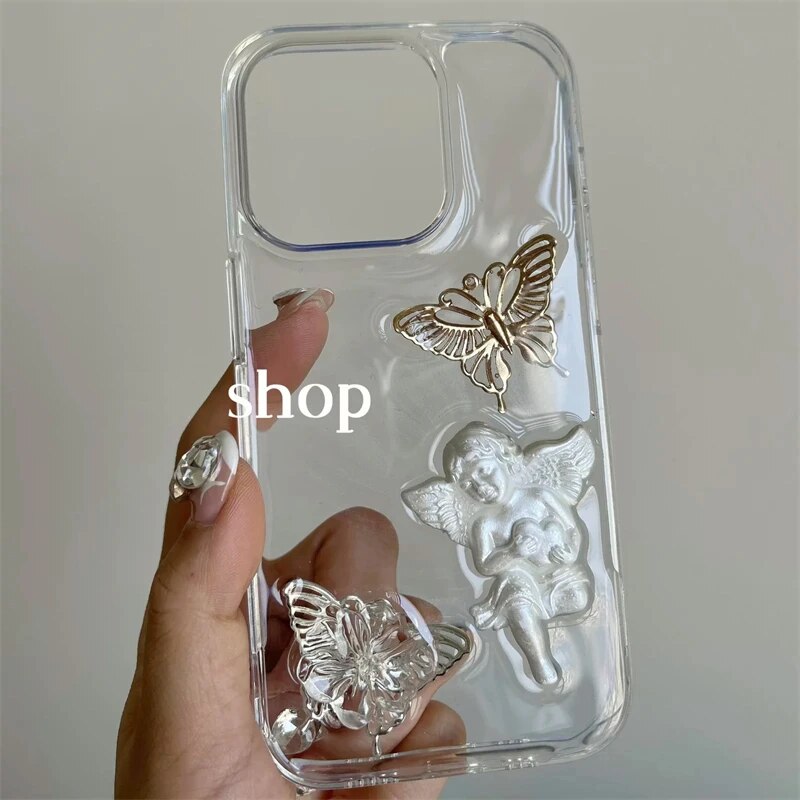 Retro 3D Angel Aesthetic Transparent Phone Case For iphone 15 14 13 12 11 Pro Max MiNi X XS XR 7 8 Plus SE Girl Epoxy Soft Cover. 