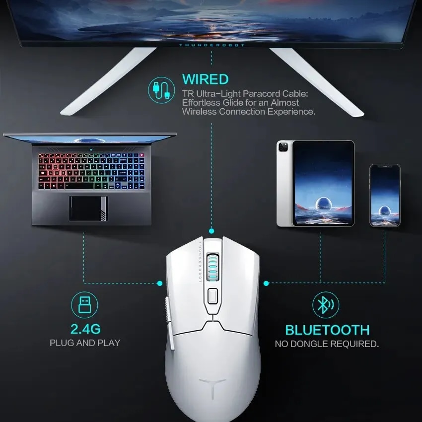 Thunderobot ML602 Wireless Gaming Mouse PAW3395 26000DPI 650IPS 64g Lightweight Symmetrical Form Tri-mode For Laptop PC Gamer. 