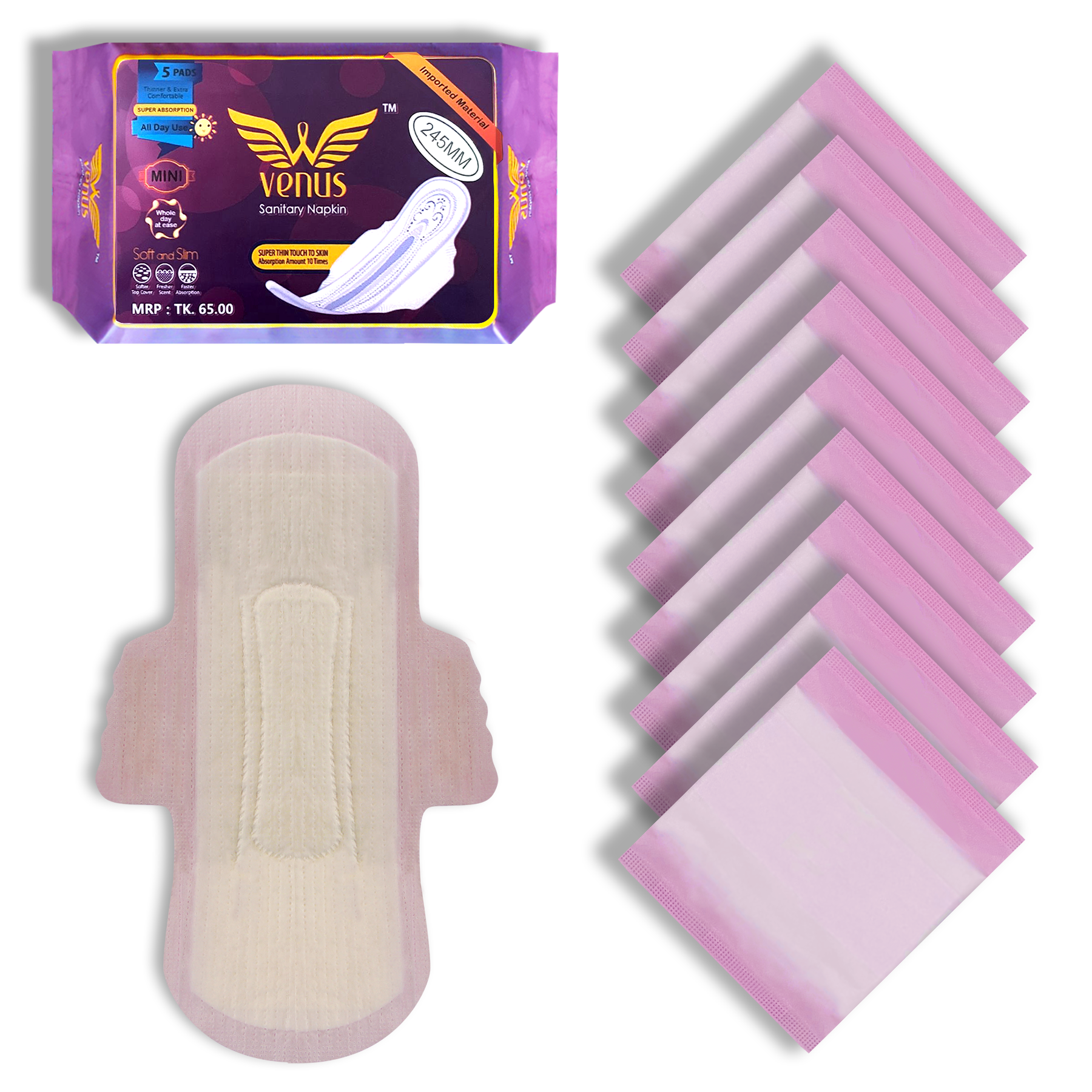 Venus Sanitary Napkin - Wings System - Ultra Thin - 100% Cotton -  Single Pack - 5 Pads. 