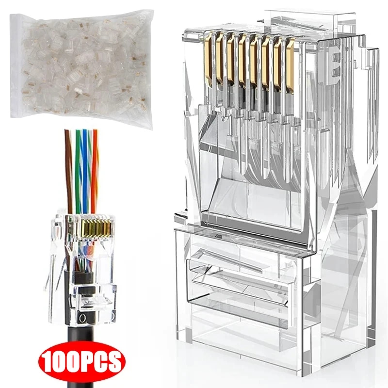 100pcs RJ45 Ethernet Cables Module Plug Network Connector for UTP Cat5 Cat5e RJ-45 Network Cable Crystal Heads 8P8C Crimp End