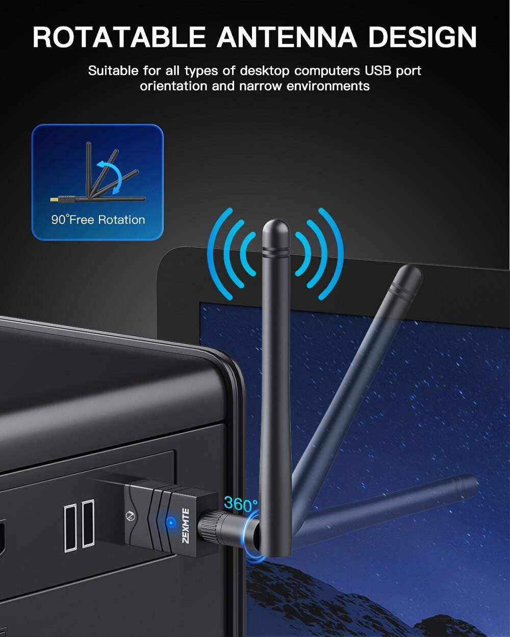 Zexmte USB Bluetooth 5.1 Adapter for PC Speaker Mouse Music Audio Receiver Transmitter Bluetooth Adapter +EDR Rotatable Antenna. 