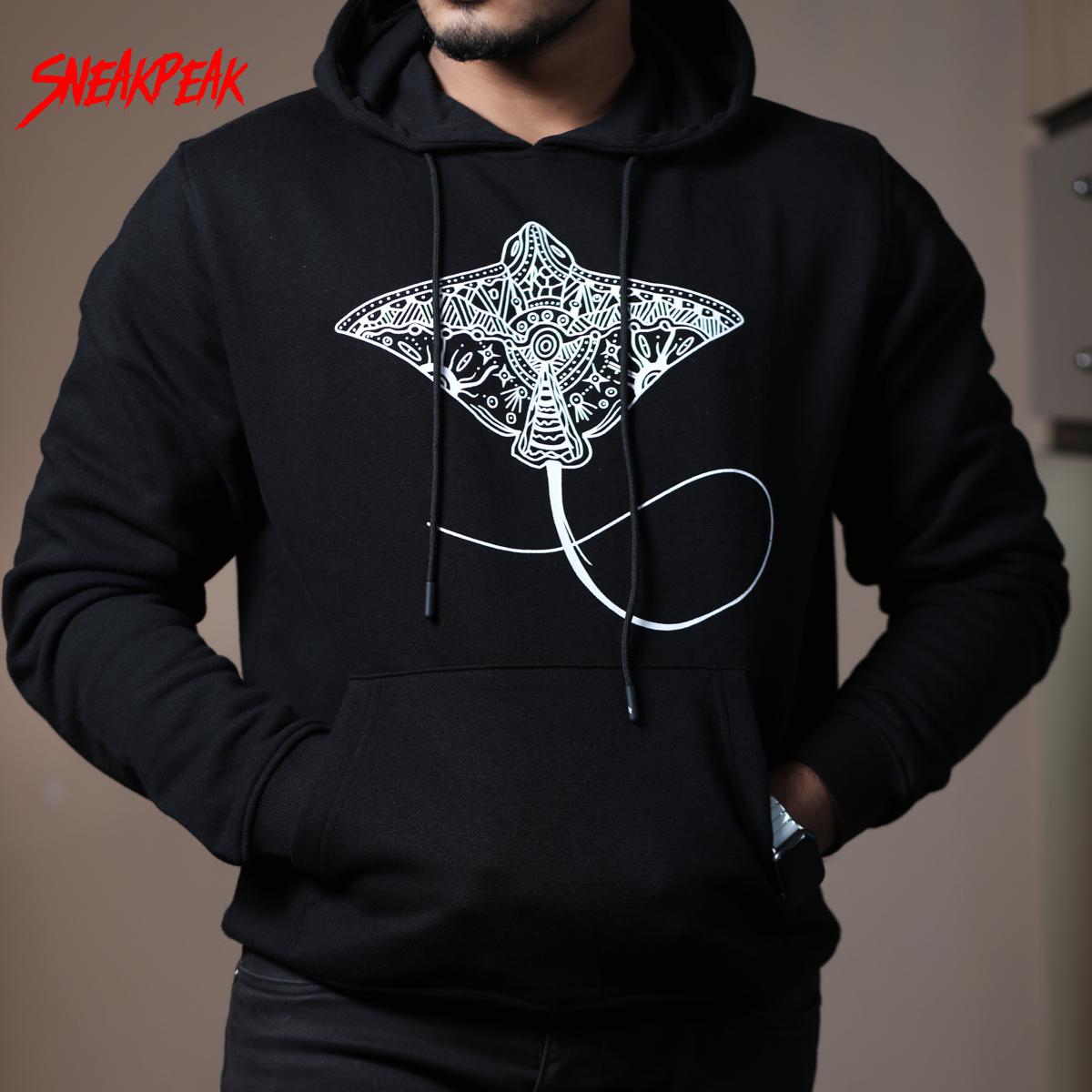 Black Hoodie White Manta Ray Print (XL)